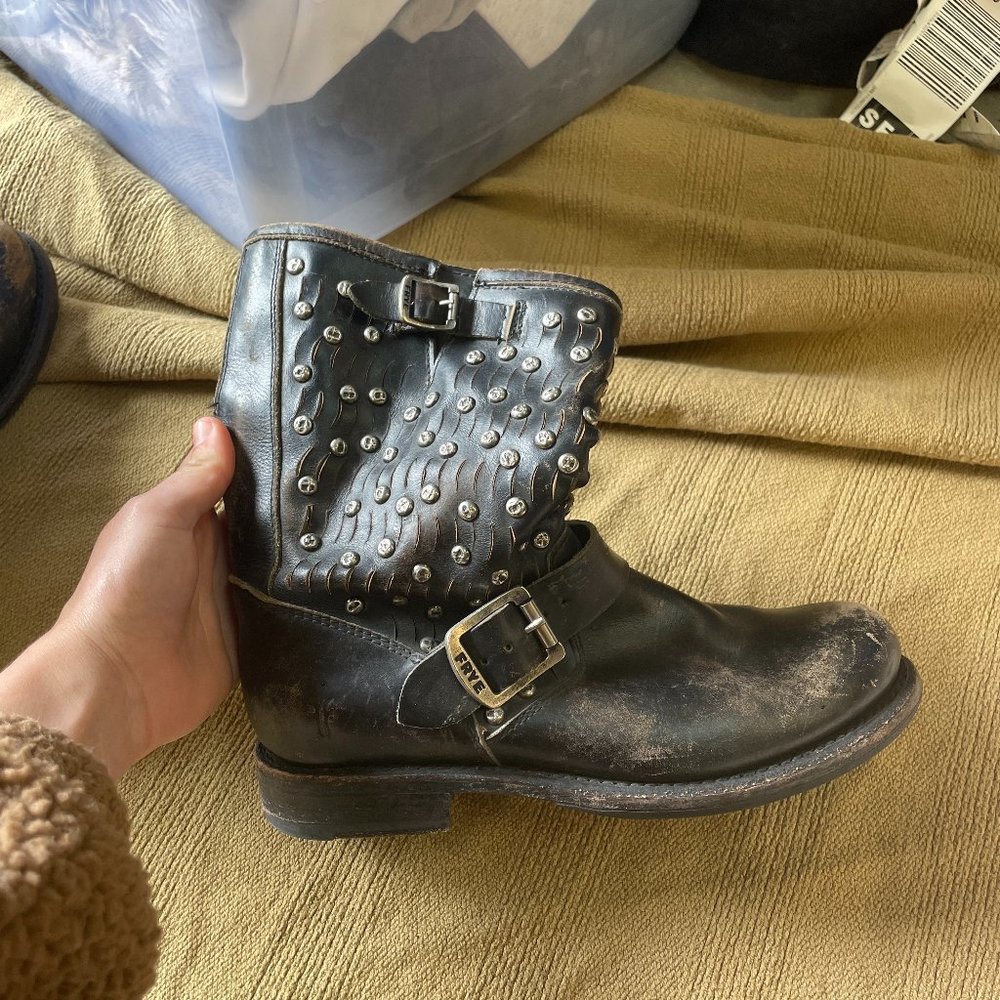 Barely worn Frye boots with cute buckle, studded detail, and distressed toe